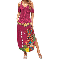 Hawaii Plumeria Lei Family Matching Summer Maxi Dress and Hawaiian Shirt Tiki and Kakau Pattern Pink Color LT03 Mom's Dress Pink - Polynesian Pride
