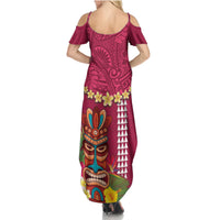 Hawaii Plumeria Lei Family Matching Summer Maxi Dress and Hawaiian Shirt Tiki and Kakau Pattern Pink Color LT03 - Polynesian Pride