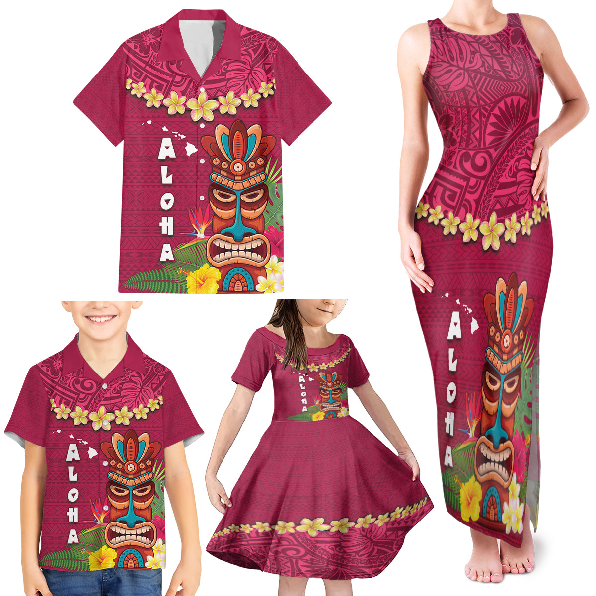 Hawaii Plumeria Lei Family Matching Tank Maxi Dress and Hawaiian Shirt Tiki and Kakau Pattern Pink Color LT03 - Polynesian Pride