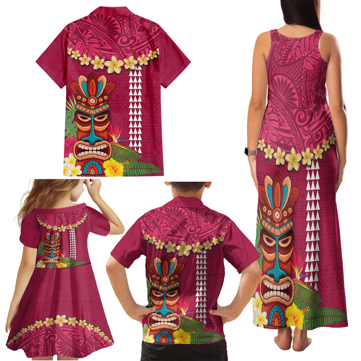 Hawaii Plumeria Lei Family Matching Tank Maxi Dress and Hawaiian Shirt Tiki and Kakau Pattern Pink Color LT03 - Polynesian Pride