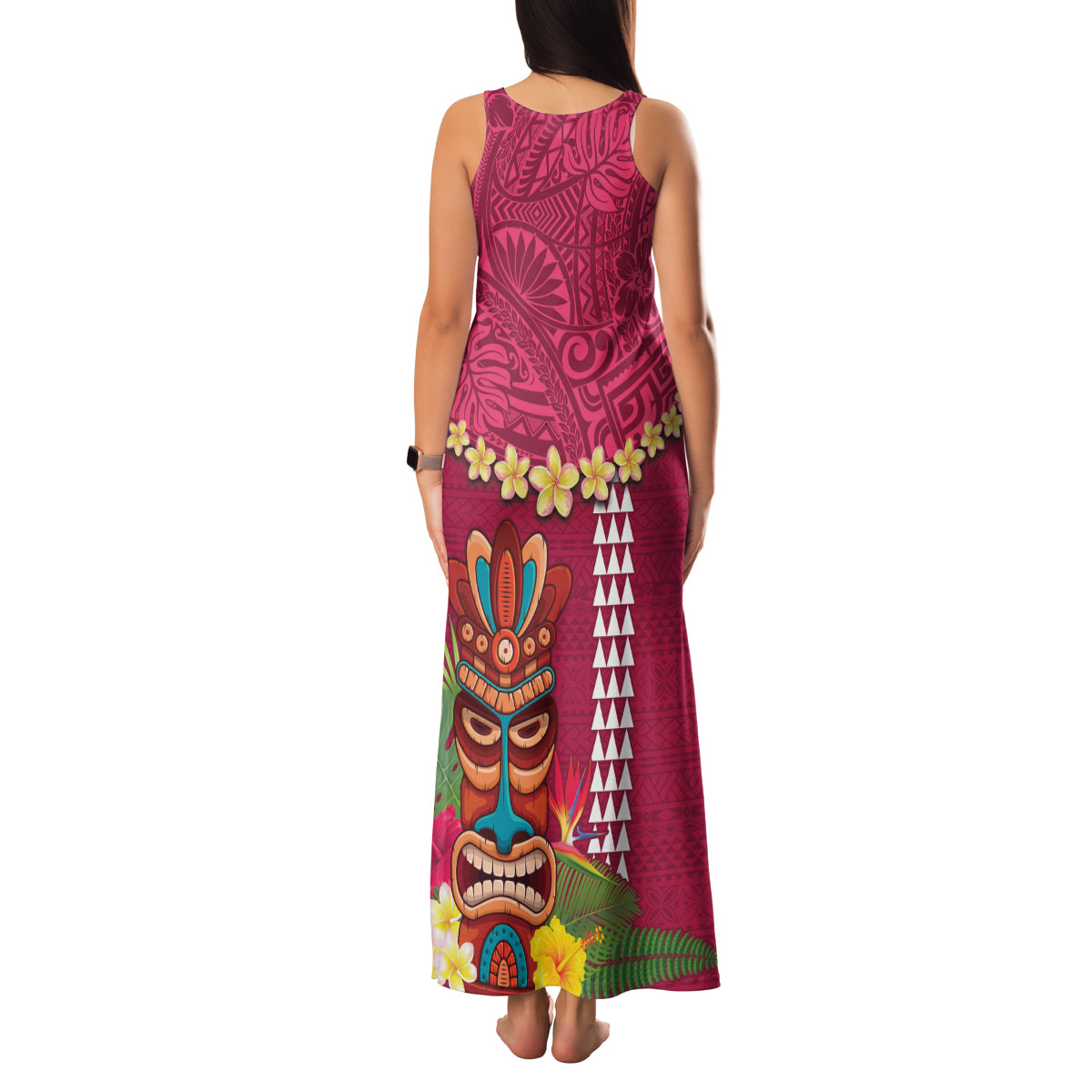 Hawaii Plumeria Lei Family Matching Tank Maxi Dress and Hawaiian Shirt Tiki and Kakau Pattern Pink Color LT03 - Polynesian Pride