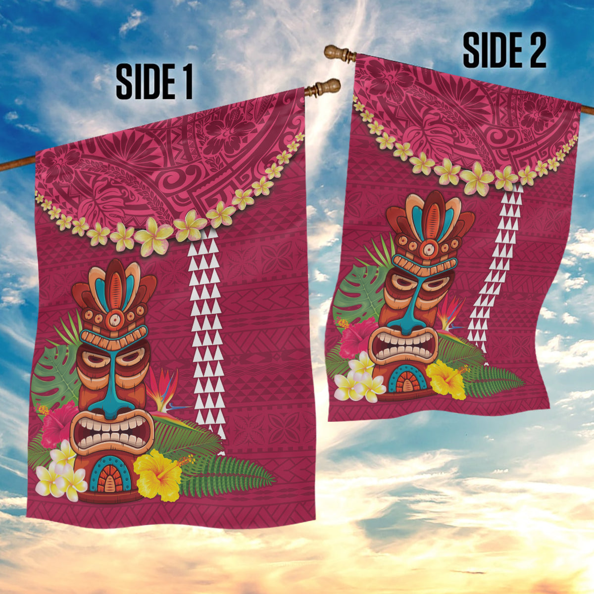 Hawaii Plumeria Lei Garden Flag Tiki and Kakau Pattern Pink Color