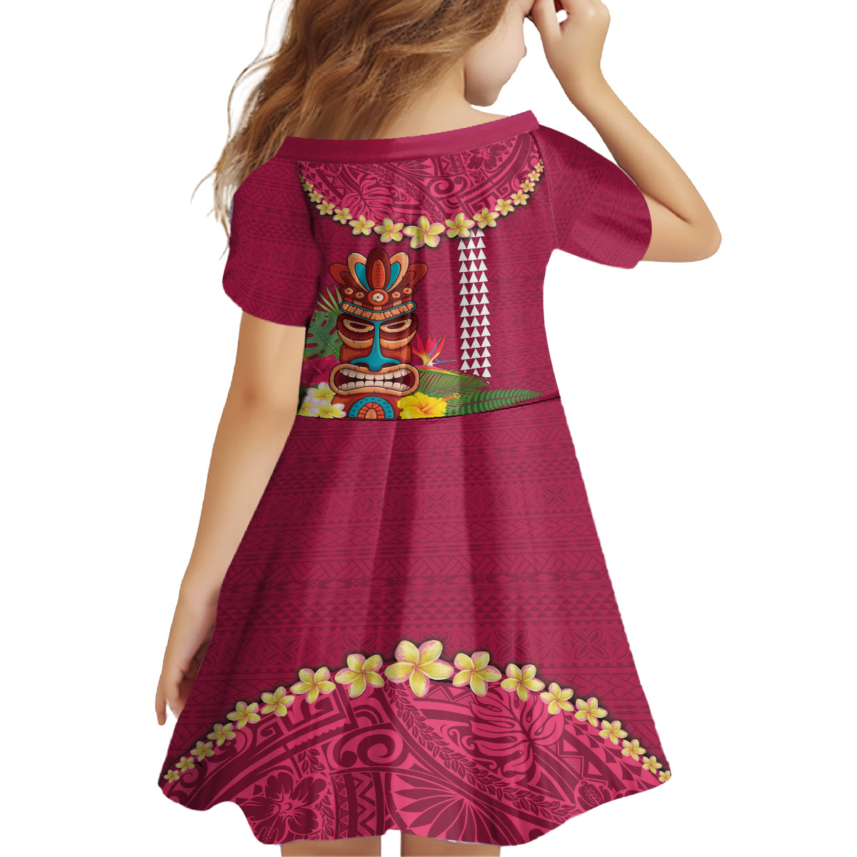 Hawaii Plumeria Lei Kid Short Sleeve Dress Tiki and Kakau Pattern Pink Color
