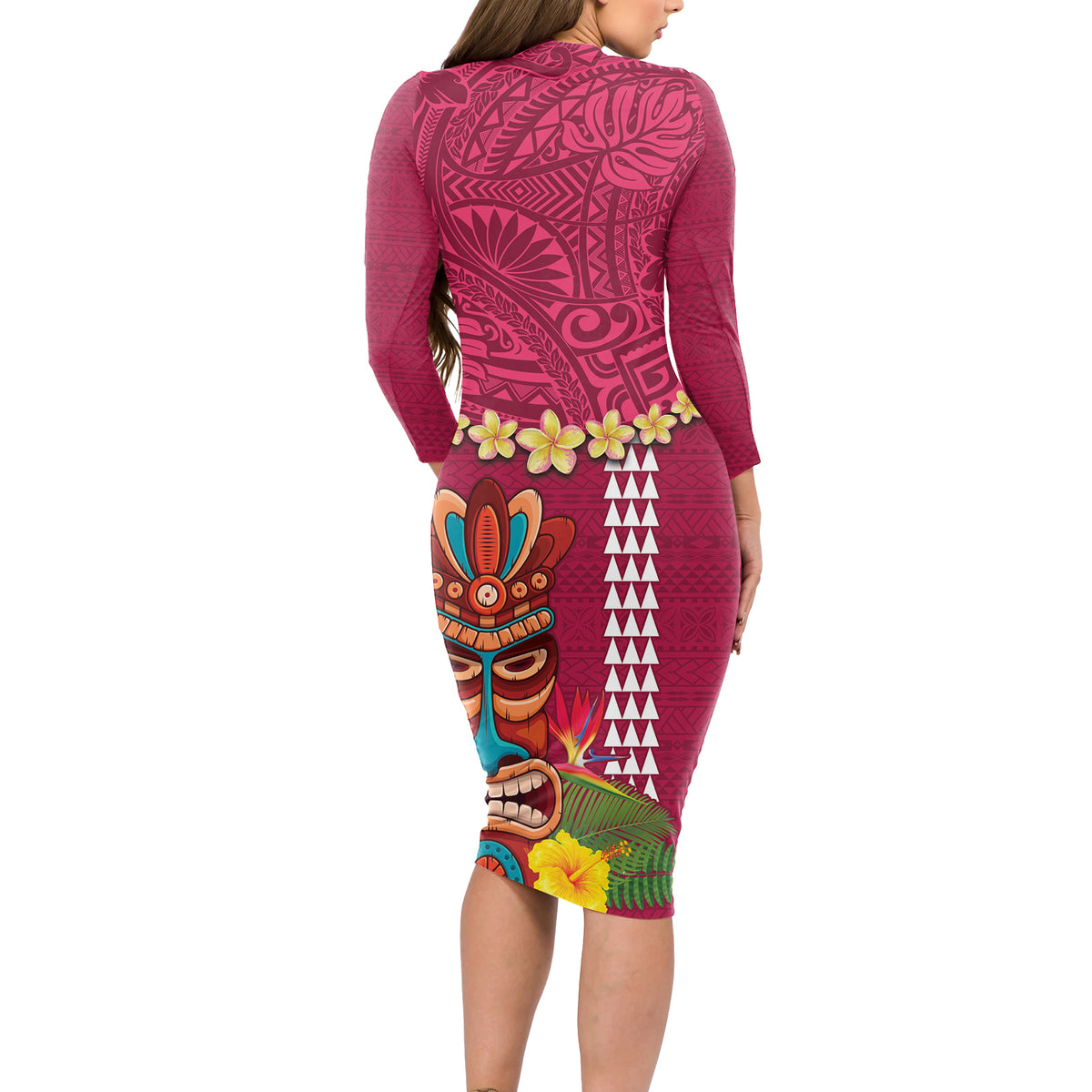 Hawaii Plumeria Lei Long Sleeve Bodycon Dress Tiki and Kakau Pattern Pink Color