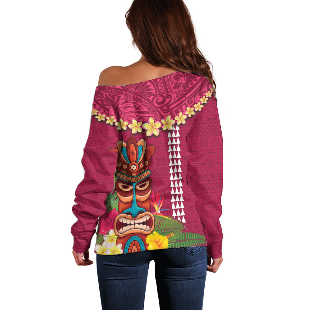 Hawaii Plumeria Lei Off Shoulder Sweater Tiki and Kakau Pattern Pink Color