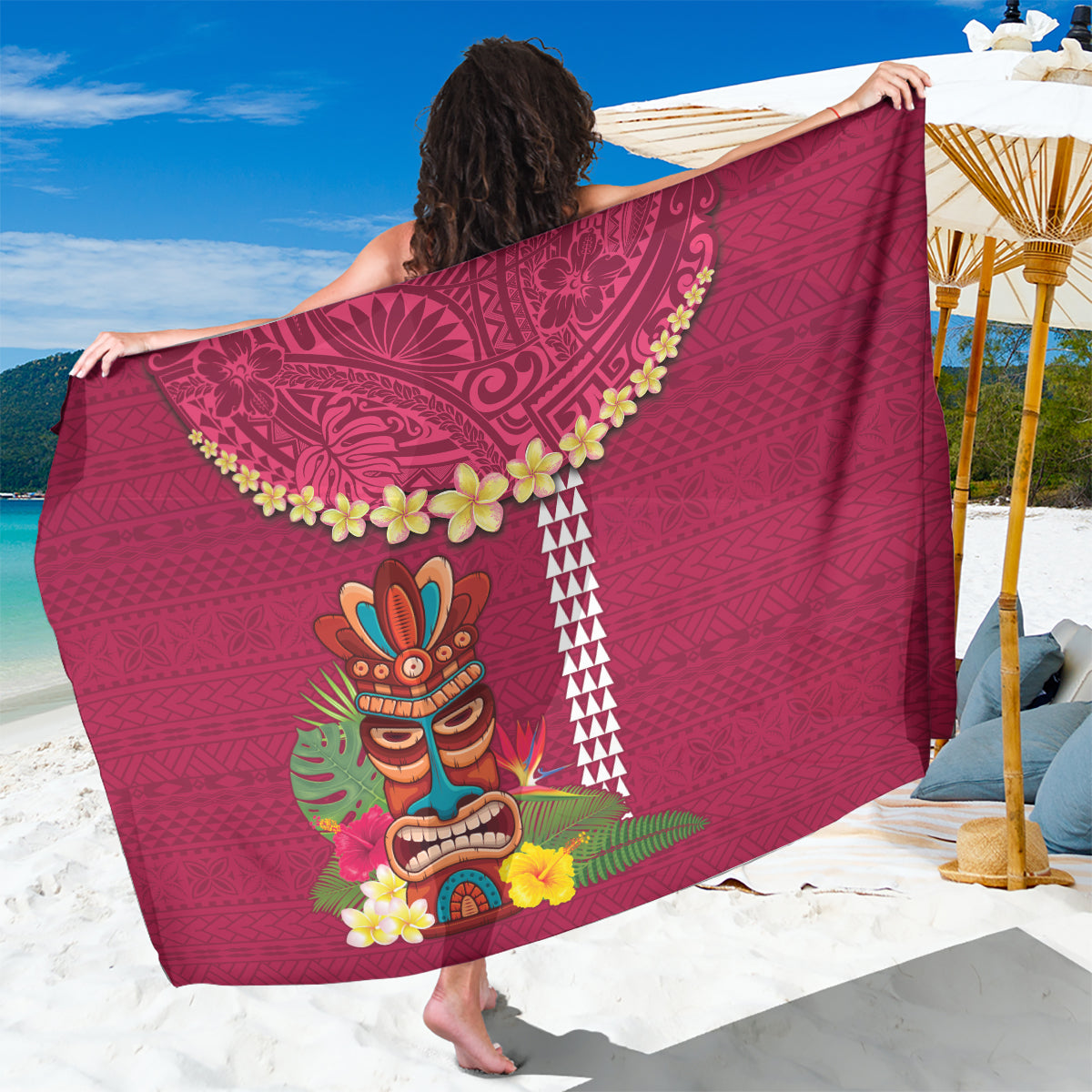 Hawaii Plumeria Lei Sarong Tiki and Kakau Pattern Pink Color