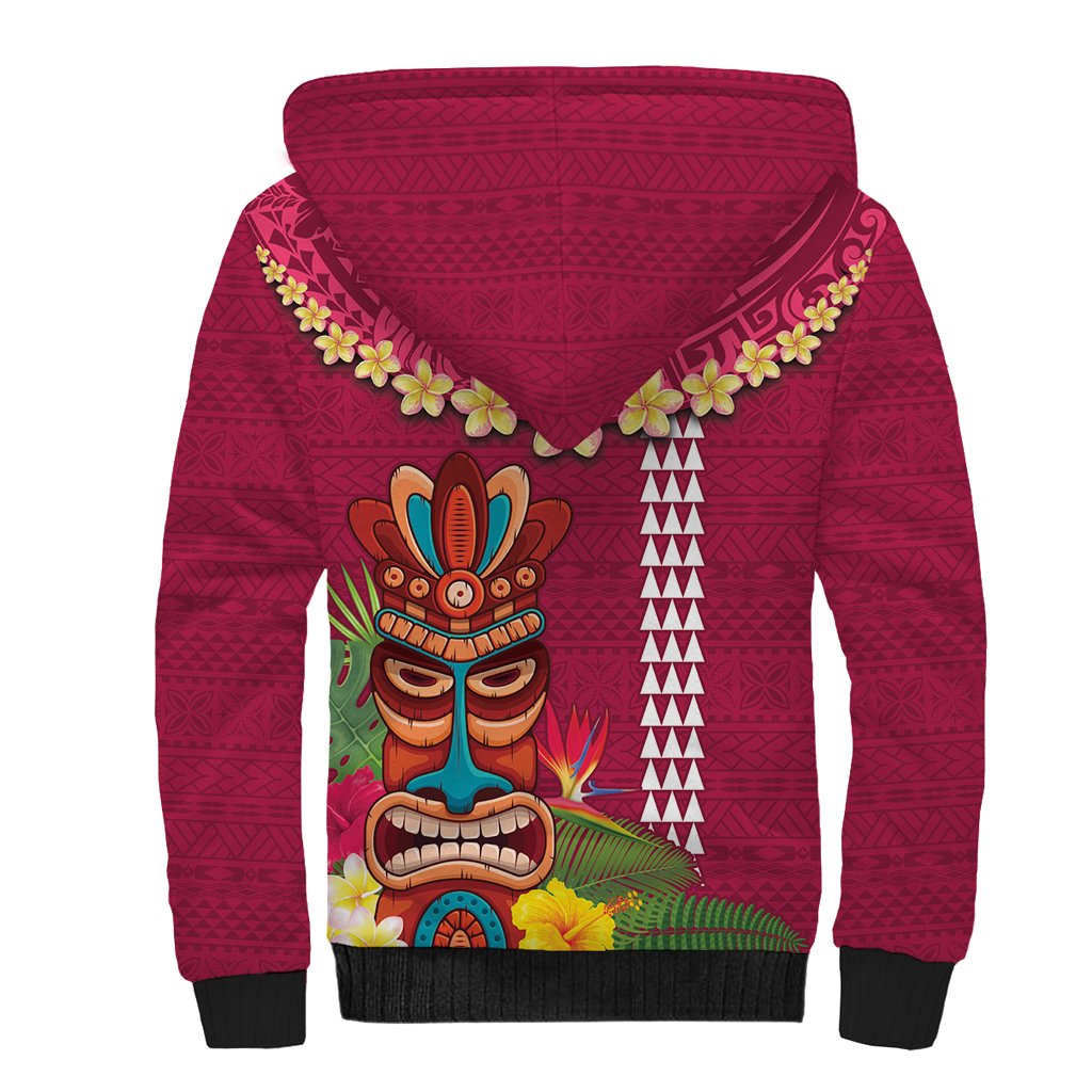 Hawaii Plumeria Lei Sherpa Hoodie Tiki and Kakau Pattern Pink Color