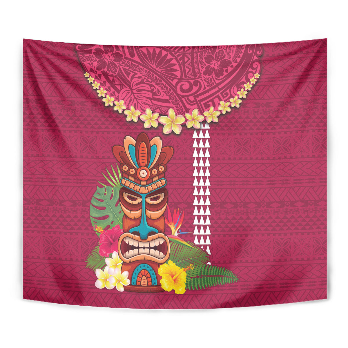 Hawaii Plumeria Lei Tapestry Tiki and Kakau Pattern Pink Color