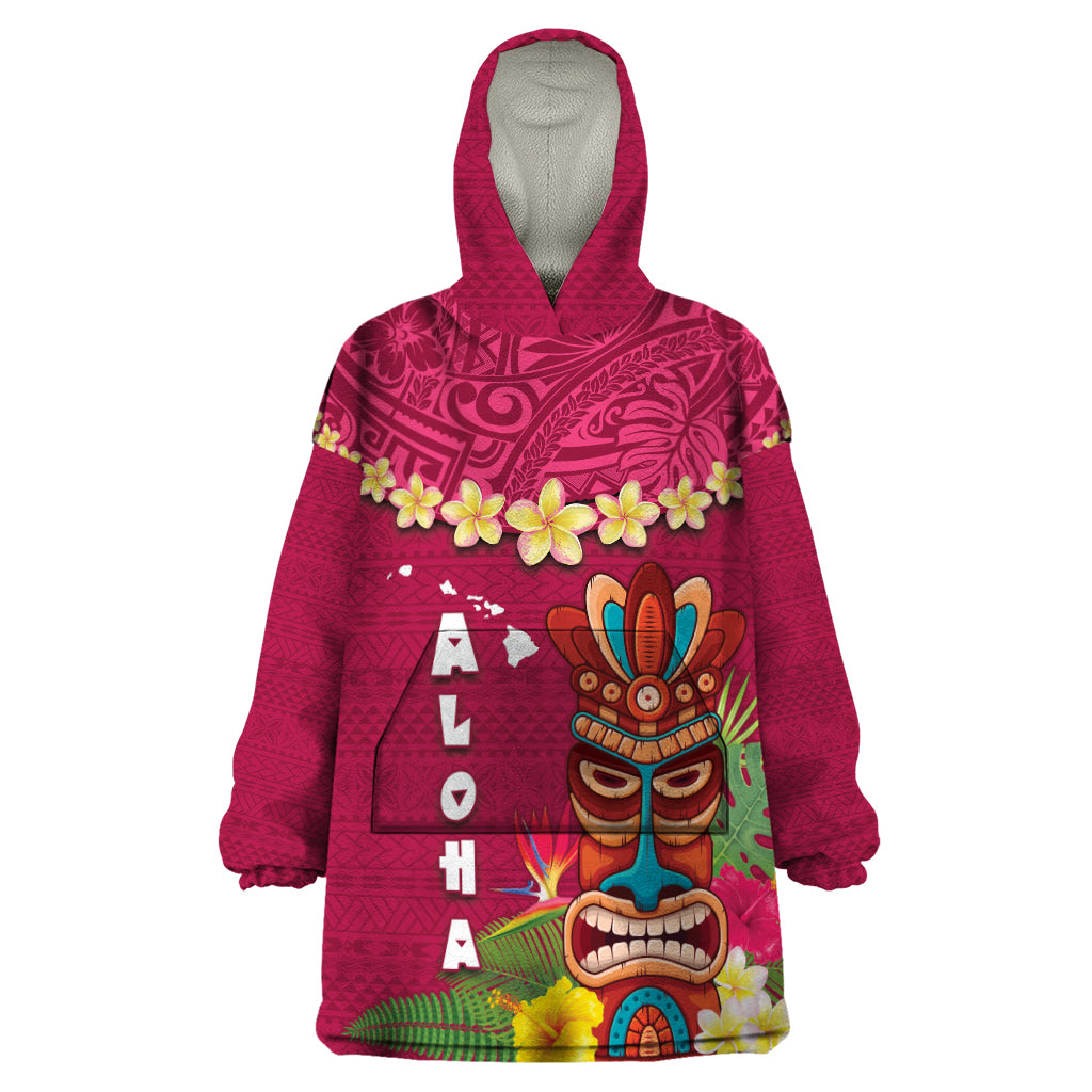 Hawaii Plumeria Lei Wearable Blanket Hoodie Tiki and Kakau Pattern Pink Color LT03 One Size Pink - Polynesian Pride