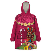 Hawaii Plumeria Lei Wearable Blanket Hoodie Tiki and Kakau Pattern Pink Color LT03 One Size Pink - Polynesian Pride