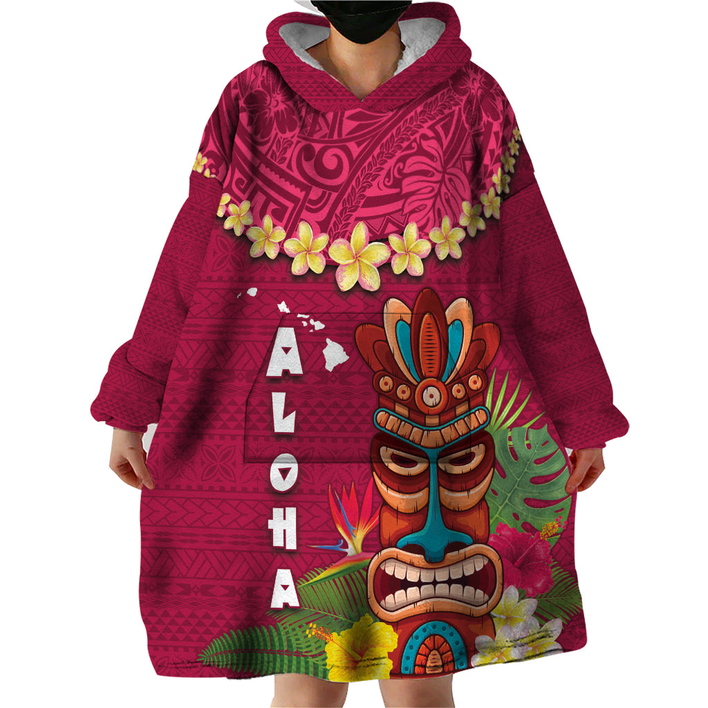 Hawaii Plumeria Lei Wearable Blanket Hoodie Tiki and Kakau Pattern Pink Color LT03 - Polynesian Pride