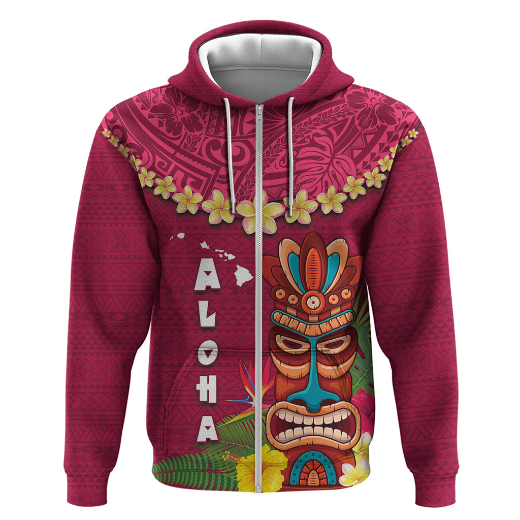 Hawaii Plumeria Lei Zip Hoodie Tiki and Kakau Pattern Pink Color