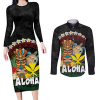 Aloha Hawaii Couples Matching Long Sleeve Bodycon Dress and Long Sleeve Button Shirt Kanaka Maoli with Polynesian Spiral Plumeria LT03 Black - Polynesian Pride