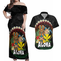 Aloha Hawaii Couples Matching Off Shoulder Maxi Dress and Hawaiian Shirt Kanaka Maoli with Polynesian Spiral Plumeria LT03 Black - Polynesian Pride