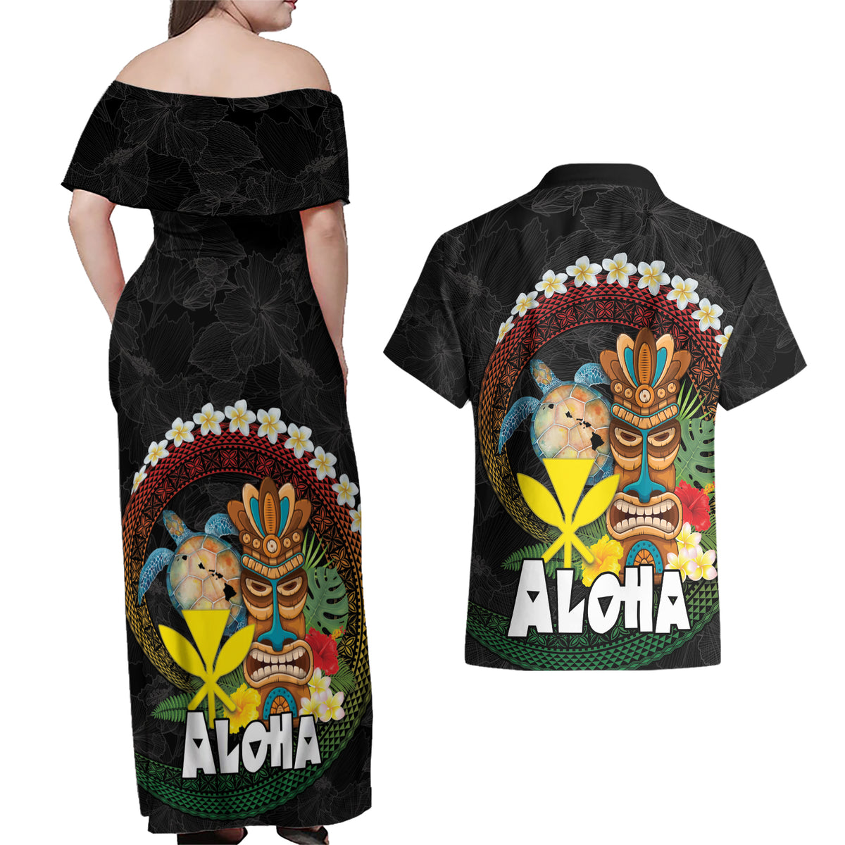 Aloha Hawaii Couples Matching Off Shoulder Maxi Dress and Hawaiian Shirt Kanaka Maoli with Polynesian Spiral Plumeria LT03 - Polynesian Pride
