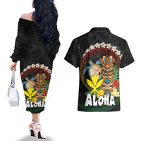 Aloha Hawaii Couples Matching Off The Shoulder Long Sleeve Dress and Hawaiian Shirt Kanaka Maoli with Polynesian Spiral Plumeria