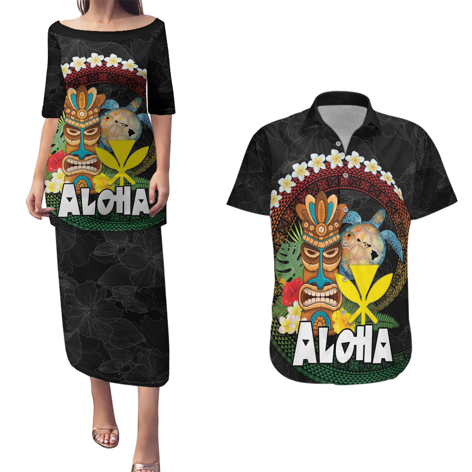 Aloha Hawaii Couples Matching Puletasi and Hawaiian Shirt Kanaka Maoli with Polynesian Spiral Plumeria