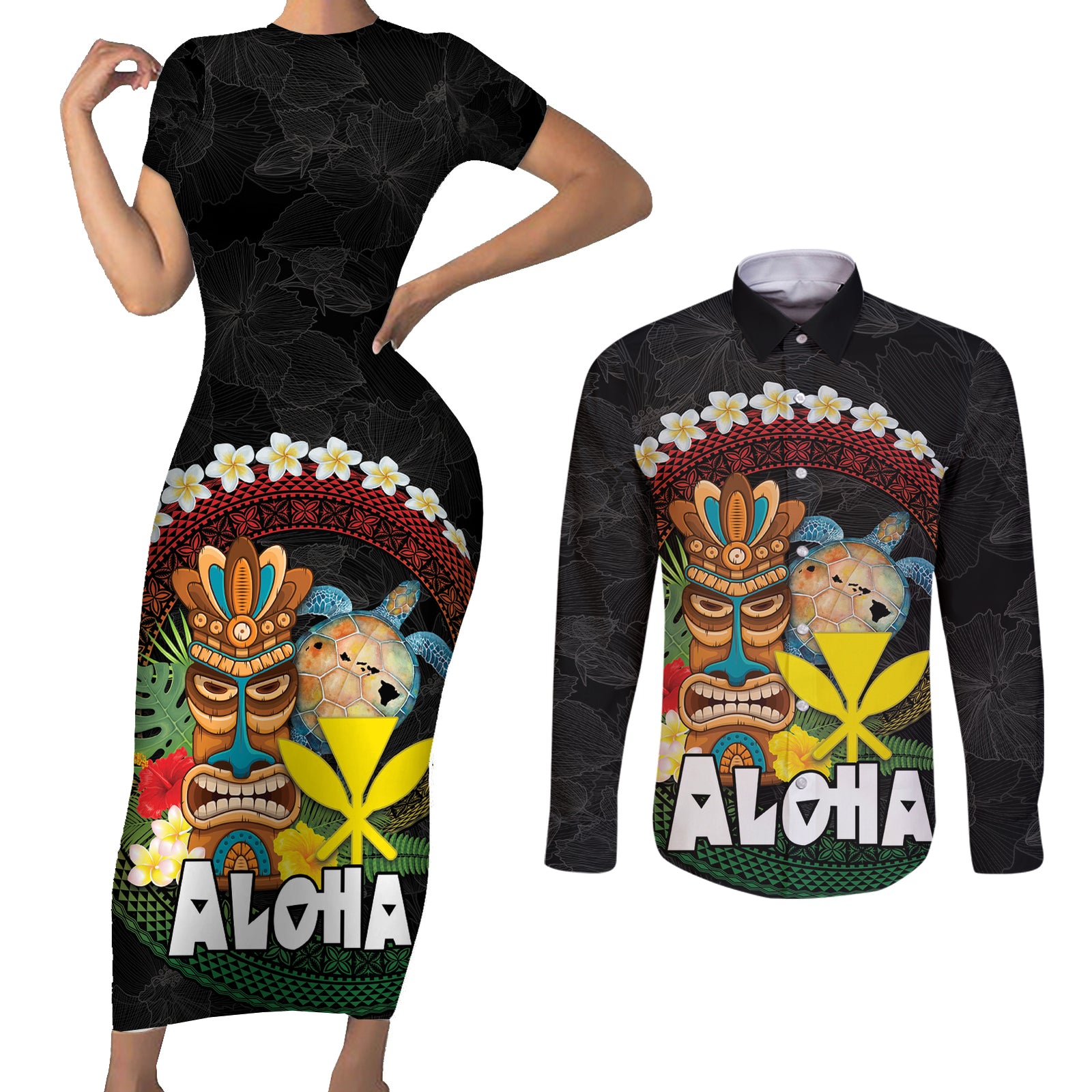 Aloha Hawaii Couples Matching Short Sleeve Bodycon Dress and Long Sleeve Button Shirt Kanaka Maoli with Polynesian Spiral Plumeria