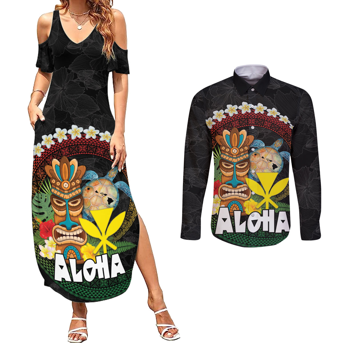 Aloha Hawaii Couples Matching Summer Maxi Dress and Long Sleeve Button Shirt Kanaka Maoli with Polynesian Spiral Plumeria