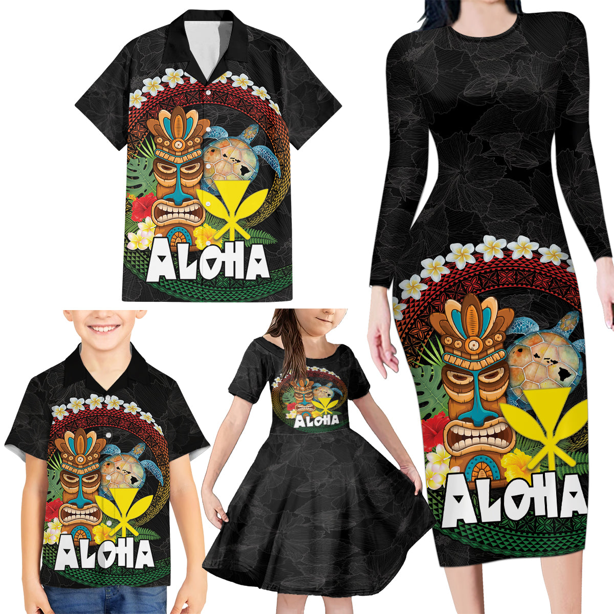 Aloha Hawaii Family Matching Long Sleeve Bodycon Dress and Hawaiian Shirt Kanaka Maoli with Polynesian Spiral Plumeria LT03 - Polynesian Pride