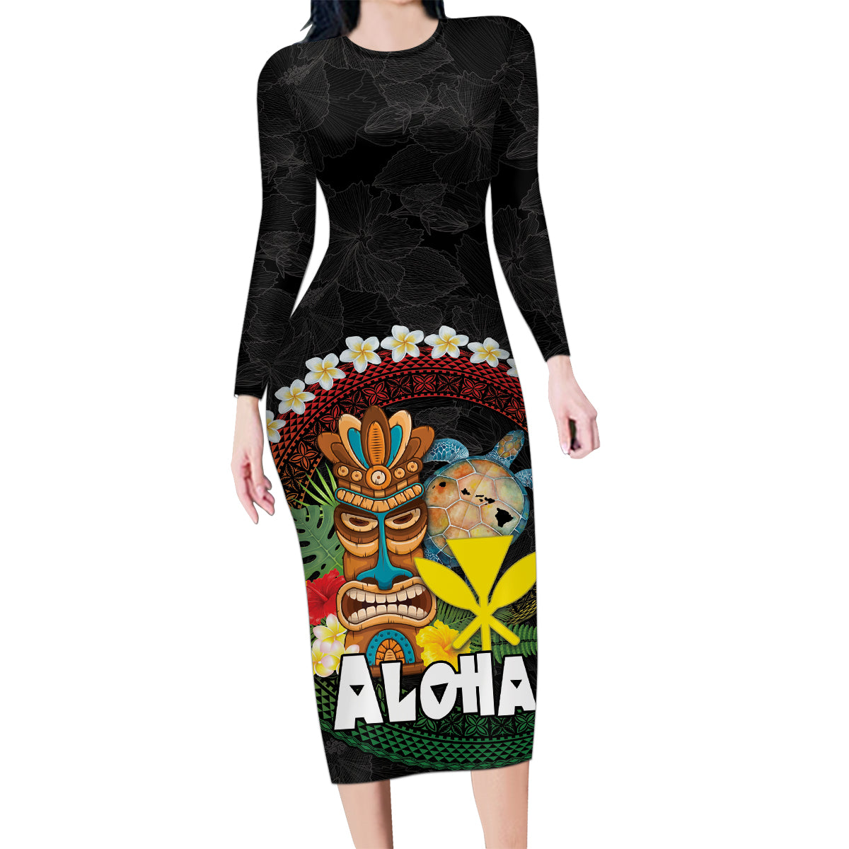 Aloha Hawaii Family Matching Long Sleeve Bodycon Dress and Hawaiian Shirt Kanaka Maoli with Polynesian Spiral Plumeria LT03 Mom's Dress Black - Polynesian Pride