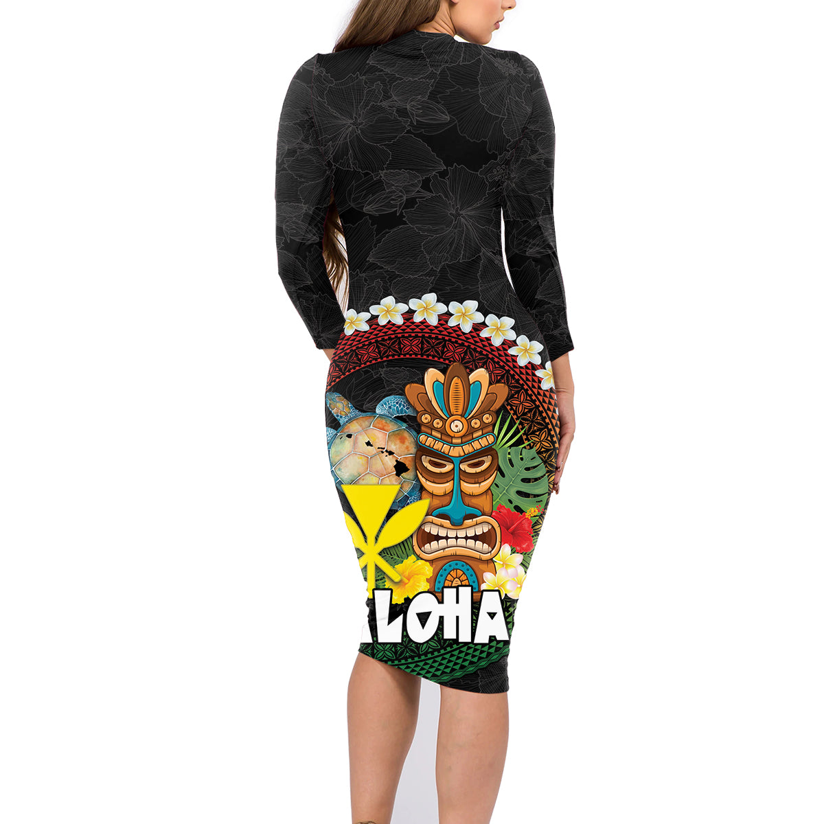 Aloha Hawaii Family Matching Long Sleeve Bodycon Dress and Hawaiian Shirt Kanaka Maoli with Polynesian Spiral Plumeria LT03 - Polynesian Pride