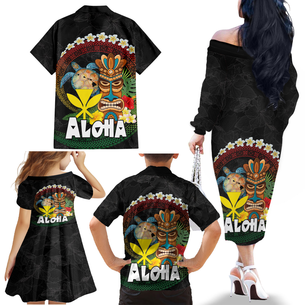 Aloha Hawaii Family Matching Off The Shoulder Long Sleeve Dress and Hawaiian Shirt Kanaka Maoli with Polynesian Spiral Plumeria LT03 - Polynesian Pride