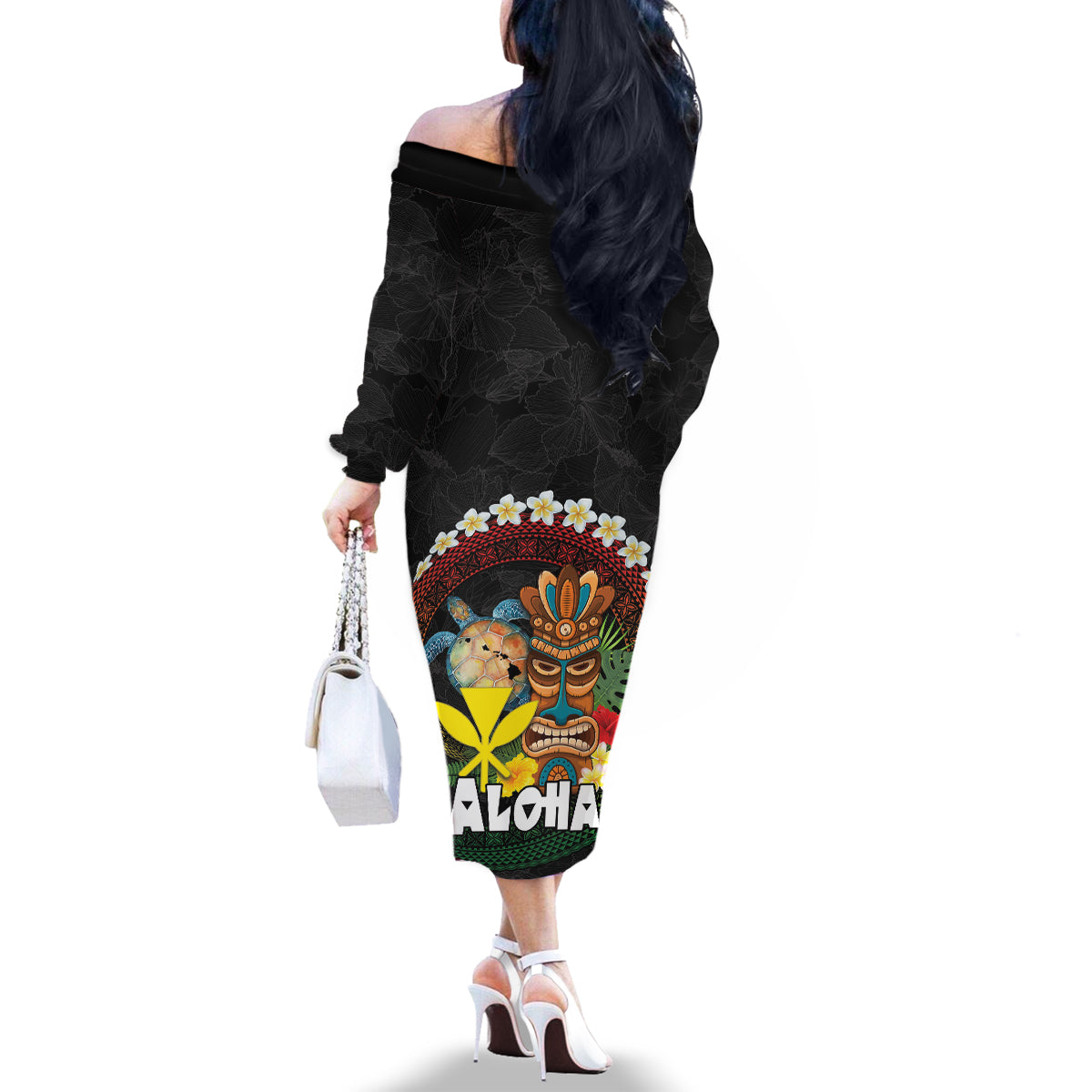 Aloha Hawaii Family Matching Off The Shoulder Long Sleeve Dress and Hawaiian Shirt Kanaka Maoli with Polynesian Spiral Plumeria LT03 - Polynesian Pride