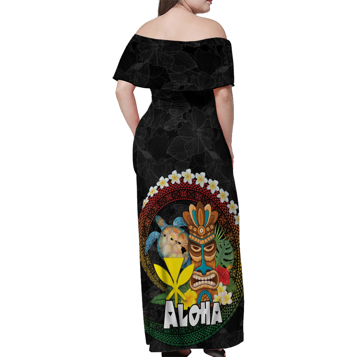Aloha Hawaii Family Matching Off Shoulder Maxi Dress and Hawaiian Shirt Kanaka Maoli with Polynesian Spiral Plumeria
