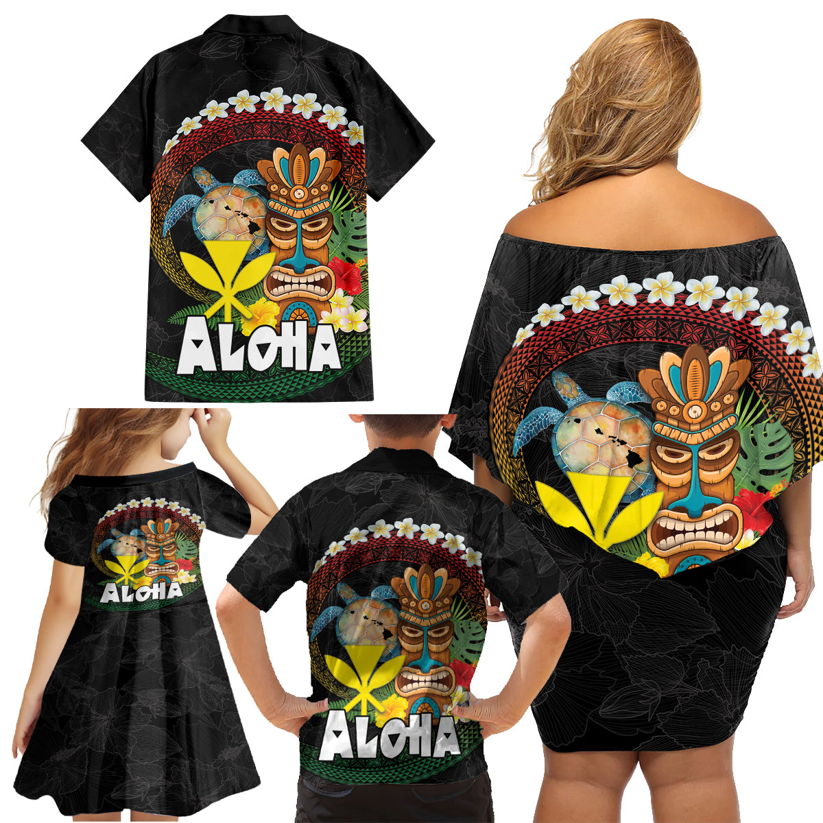 Aloha Hawaii Family Matching Off Shoulder Short Dress and Hawaiian Shirt Kanaka Maoli with Polynesian Spiral Plumeria LT03 - Polynesian Pride