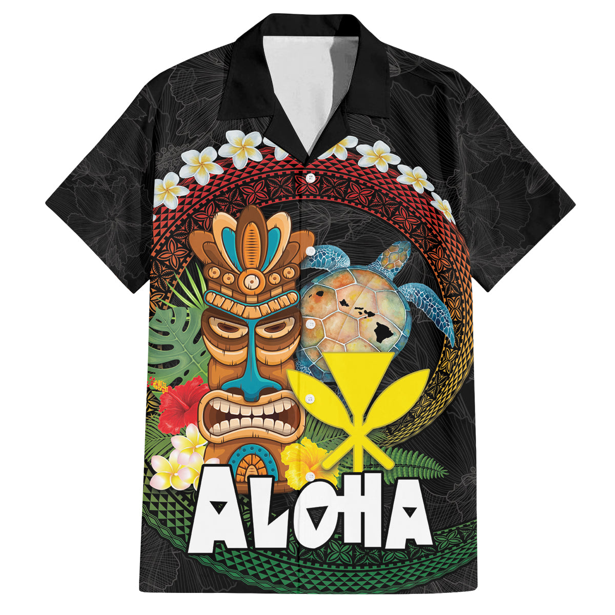 Aloha Hawaii Family Matching Off Shoulder Short Dress and Hawaiian Shirt Kanaka Maoli with Polynesian Spiral Plumeria LT03 Dad's Shirt - Short Sleeve Black - Polynesian Pride