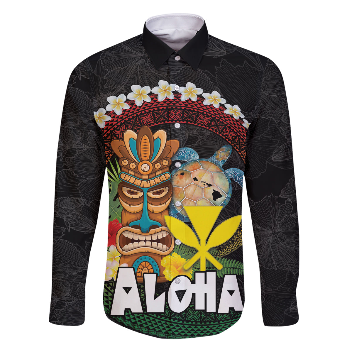 Aloha Hawaii Family Matching Off Shoulder Short Dress and Hawaiian Shirt Kanaka Maoli with Polynesian Spiral Plumeria LT03 Dad's Shirt - Long Sleeve Black - Polynesian Pride
