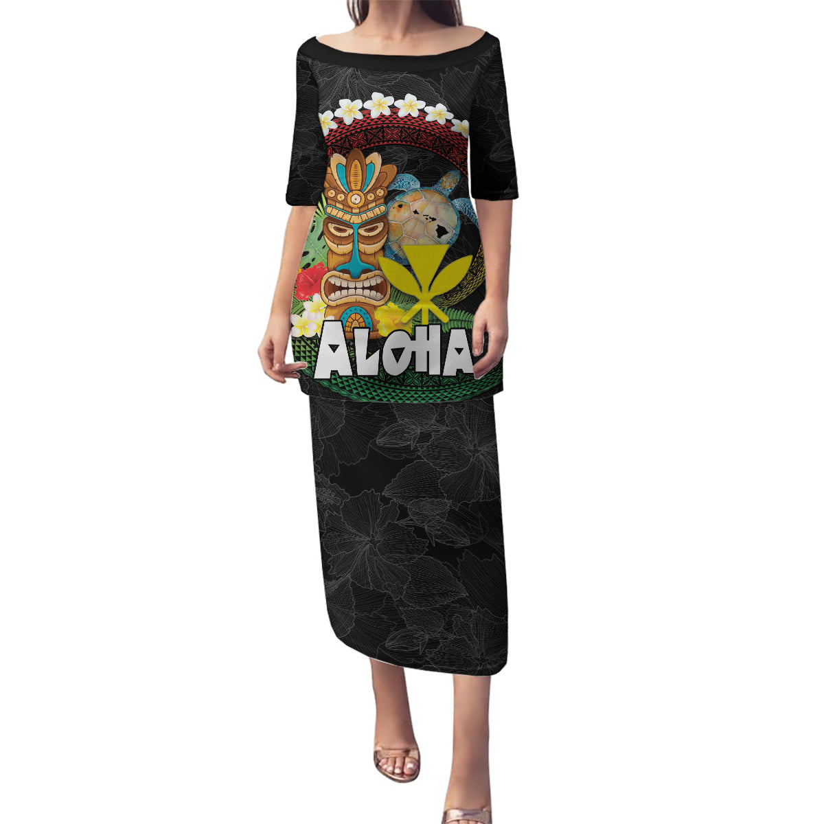 Aloha Hawaii Family Matching Puletasi and Hawaiian Shirt Kanaka Maoli with Polynesian Spiral Plumeria LT03 Mom's Dress Black - Polynesian Pride
