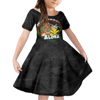 Aloha Hawaii Family Matching Short Sleeve Bodycon Dress and Hawaiian Shirt Kanaka Maoli with Polynesian Spiral Plumeria LT03 Daughter's Dress Black - Polynesian Pride