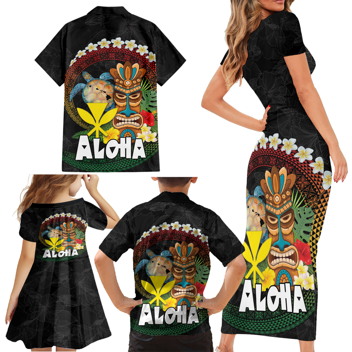 Aloha Hawaii Family Matching Short Sleeve Bodycon Dress and Hawaiian Shirt Kanaka Maoli with Polynesian Spiral Plumeria LT03 - Polynesian Pride