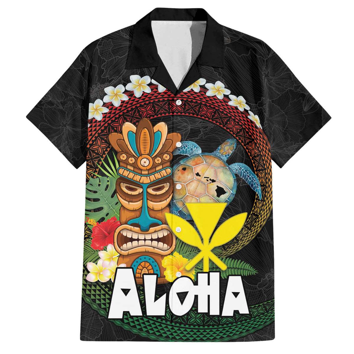 Aloha Hawaii Family Matching Short Sleeve Bodycon Dress and Hawaiian Shirt Kanaka Maoli with Polynesian Spiral Plumeria LT03 Dad's Shirt - Short Sleeve Black - Polynesian Pride