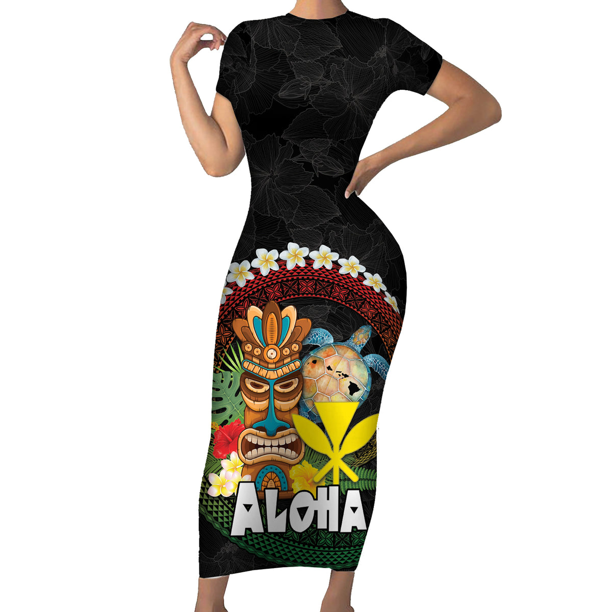 Aloha Hawaii Family Matching Short Sleeve Bodycon Dress and Hawaiian Shirt Kanaka Maoli with Polynesian Spiral Plumeria LT03 Mom's Dress Black - Polynesian Pride