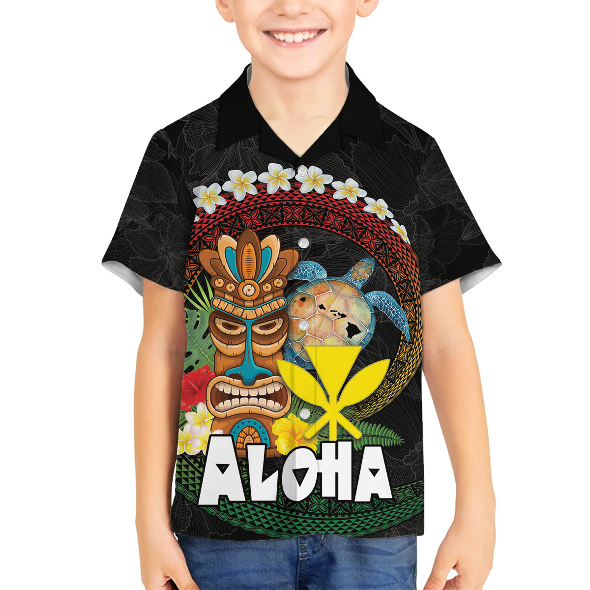 Aloha Hawaii Family Matching Tank Maxi Dress and Hawaiian Shirt Kanaka Maoli with Polynesian Spiral Plumeria LT03 Son's Shirt Black - Polynesian Pride