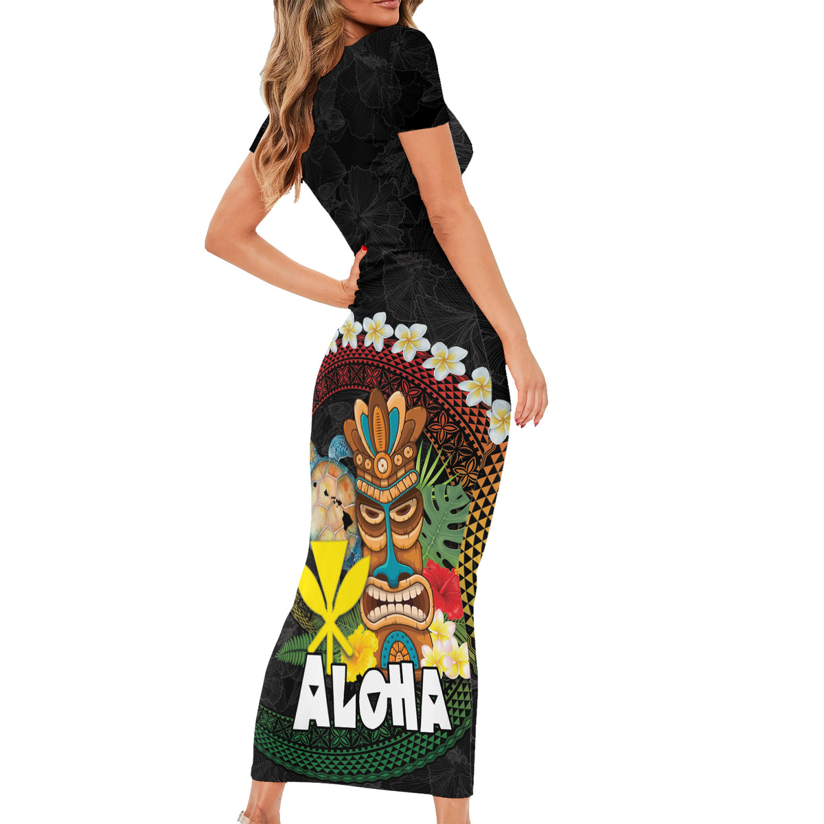 Aloha Hawaii Short Sleeve Bodycon Dress Kanaka Maoli with Polynesian Spiral Plumeria