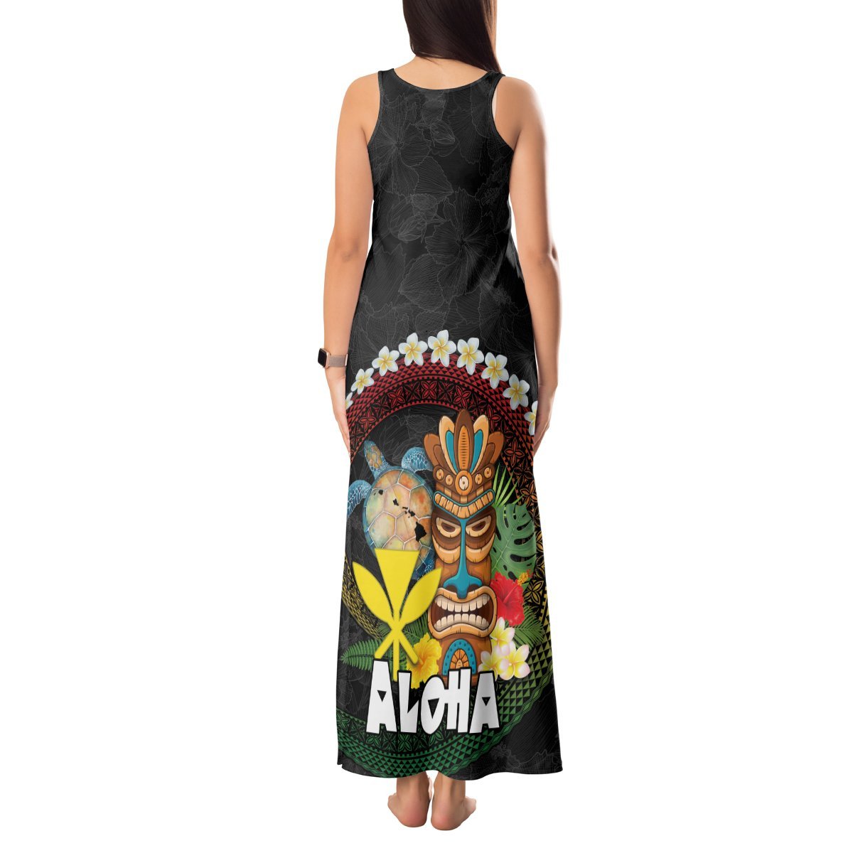 Aloha Hawaii Tank Maxi Dress Kanaka Maoli with Polynesian Spiral Plumeria LT03 - Polynesian Pride
