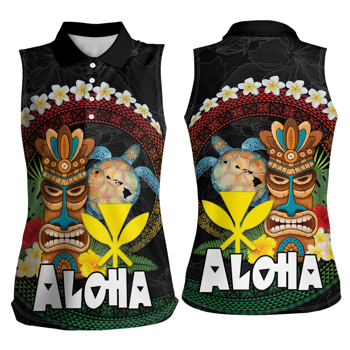 Aloha Hawaii Women Sleeveless Polo Shirt Kanaka Maoli with Polynesian Spiral Plumeria