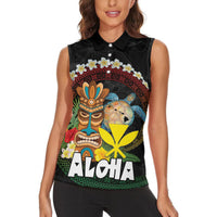 Aloha Hawaii Women Sleeveless Polo Shirt Kanaka Maoli with Polynesian Spiral Plumeria