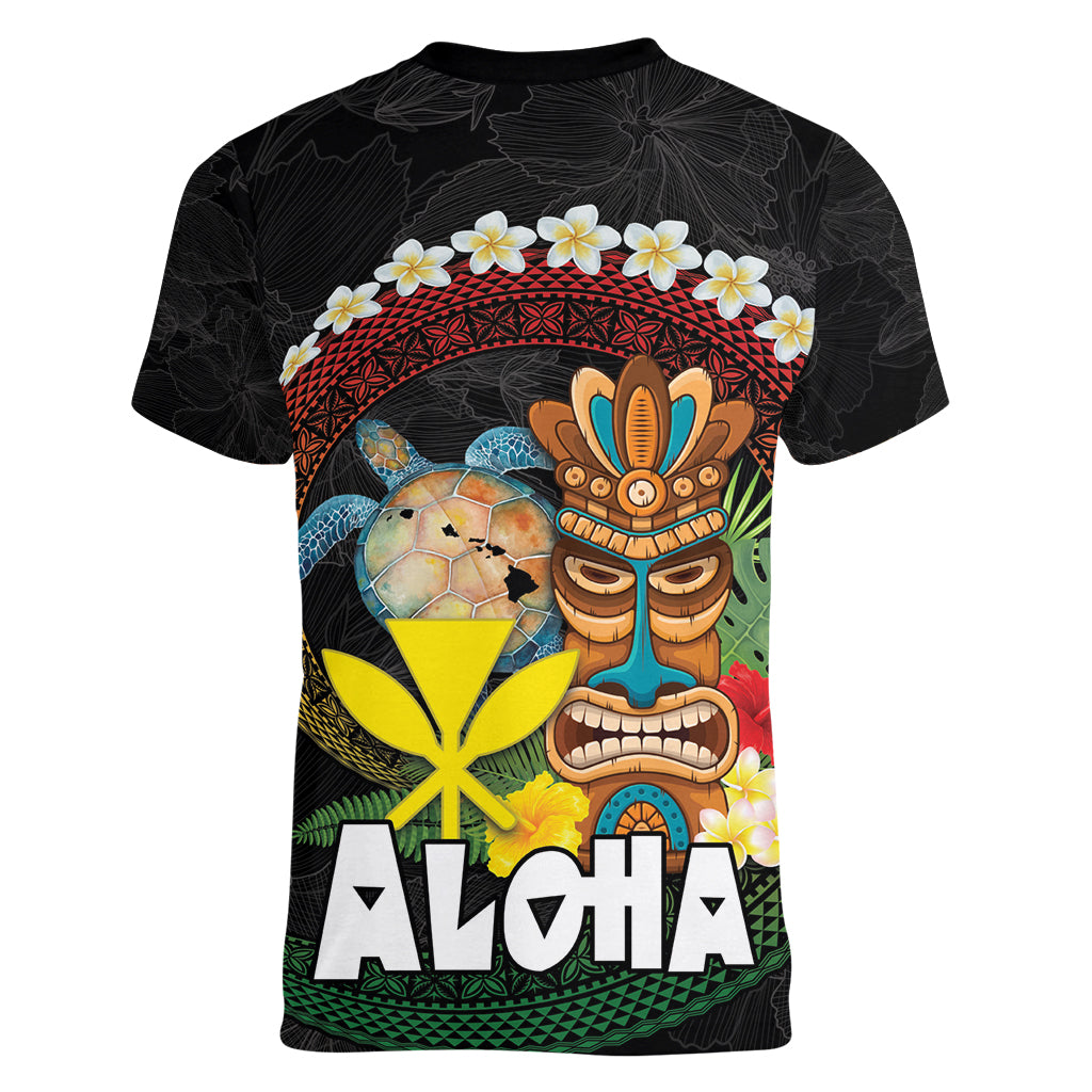 Aloha Hawaii Women V-Neck T-Shirt Kanaka Maoli with Polynesian Spiral Plumeria