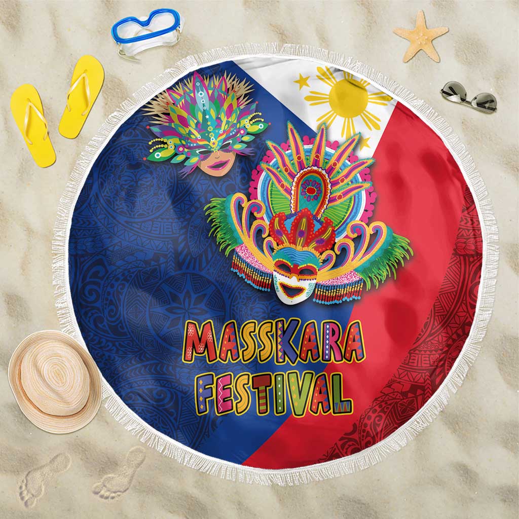 Philippines MassKara Beach Blanket Filipino Carnival Mask and Polynesian Pattern LT03 One Size 150cm Blue - Polynesian Pride