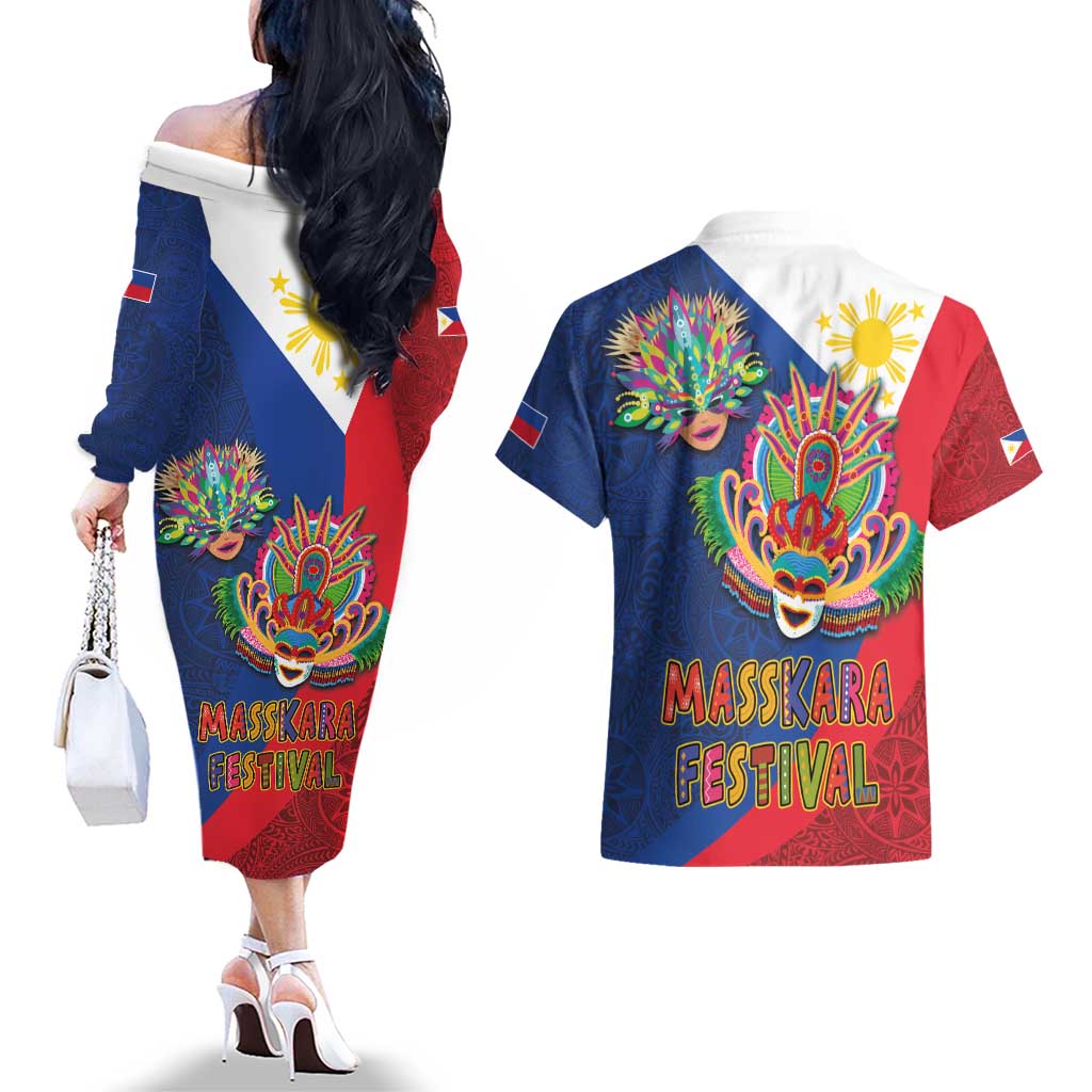 Philippines MassKara Couples Matching Off The Shoulder Long Sleeve Dress and Hawaiian Shirt Filipino Carnival Mask and Polynesian Pattern
