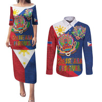 Philippines MassKara Couples Matching Puletasi and Long Sleeve Button Shirt Filipino Carnival Mask and Polynesian Pattern LT03 Blue - Polynesian Pride
