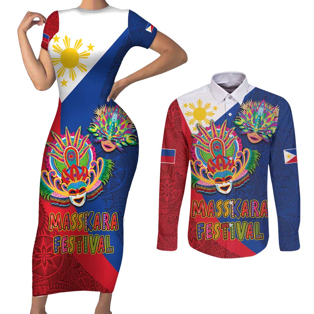 Philippines MassKara Couples Matching Short Sleeve Bodycon Dress and Long Sleeve Button Shirt Filipino Carnival Mask and Polynesian Pattern LT03 Blue - Polynesian Pride