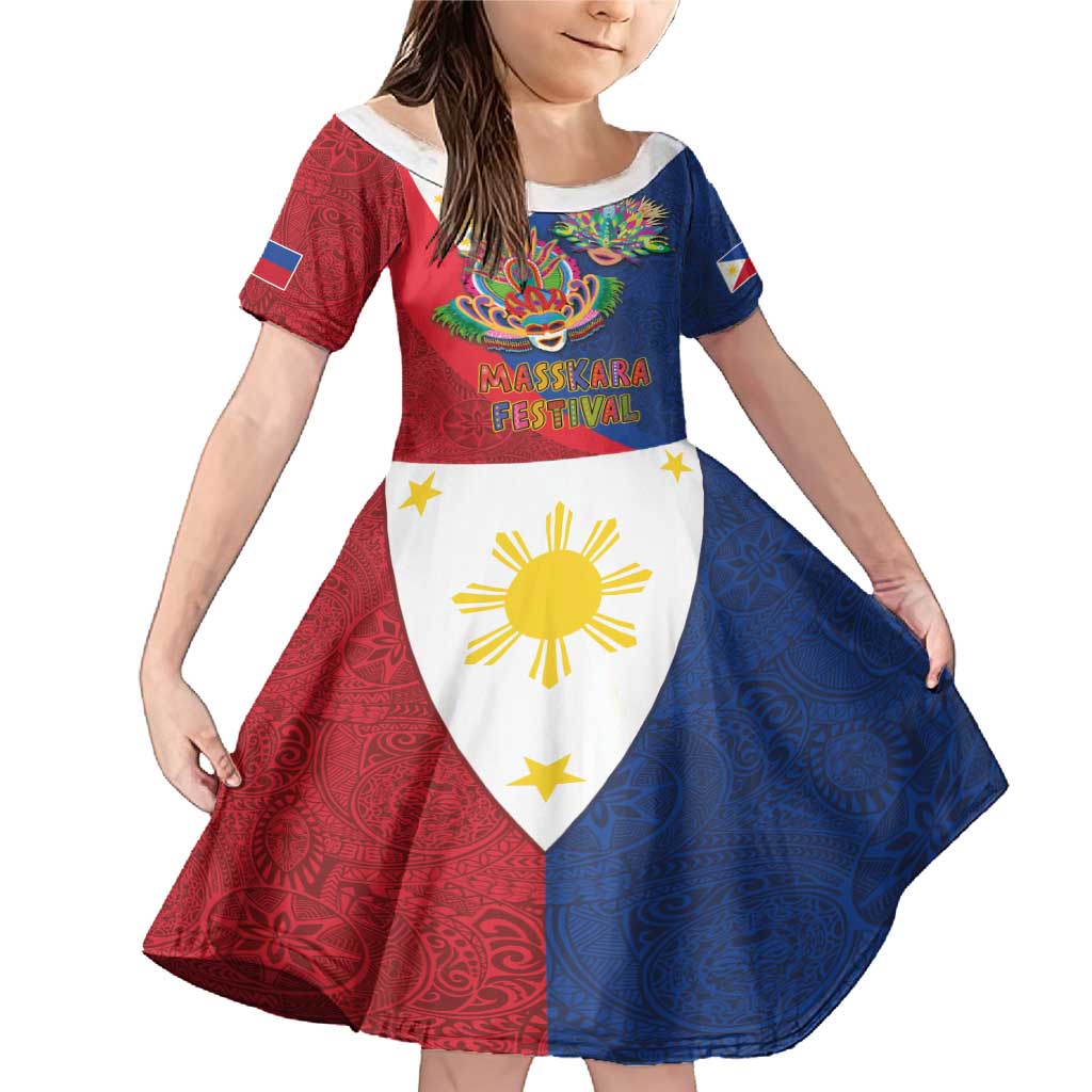 Philippines MassKara Family Matching Mermaid Dress and Hawaiian Shirt Filipino Carnival Mask and Polynesian Pattern LT03 Daughter's Dress Blue - Polynesian Pride