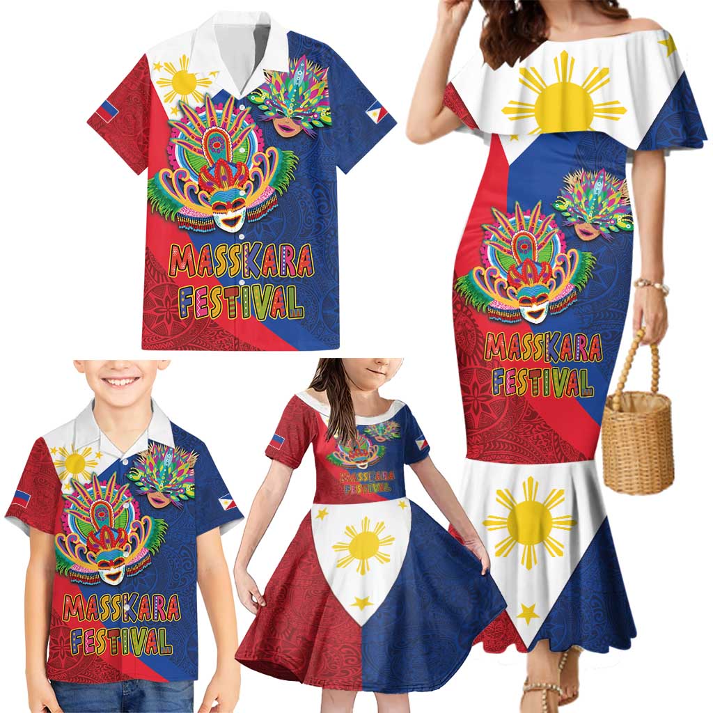 Philippines MassKara Family Matching Mermaid Dress and Hawaiian Shirt Filipino Carnival Mask and Polynesian Pattern LT03 - Polynesian Pride