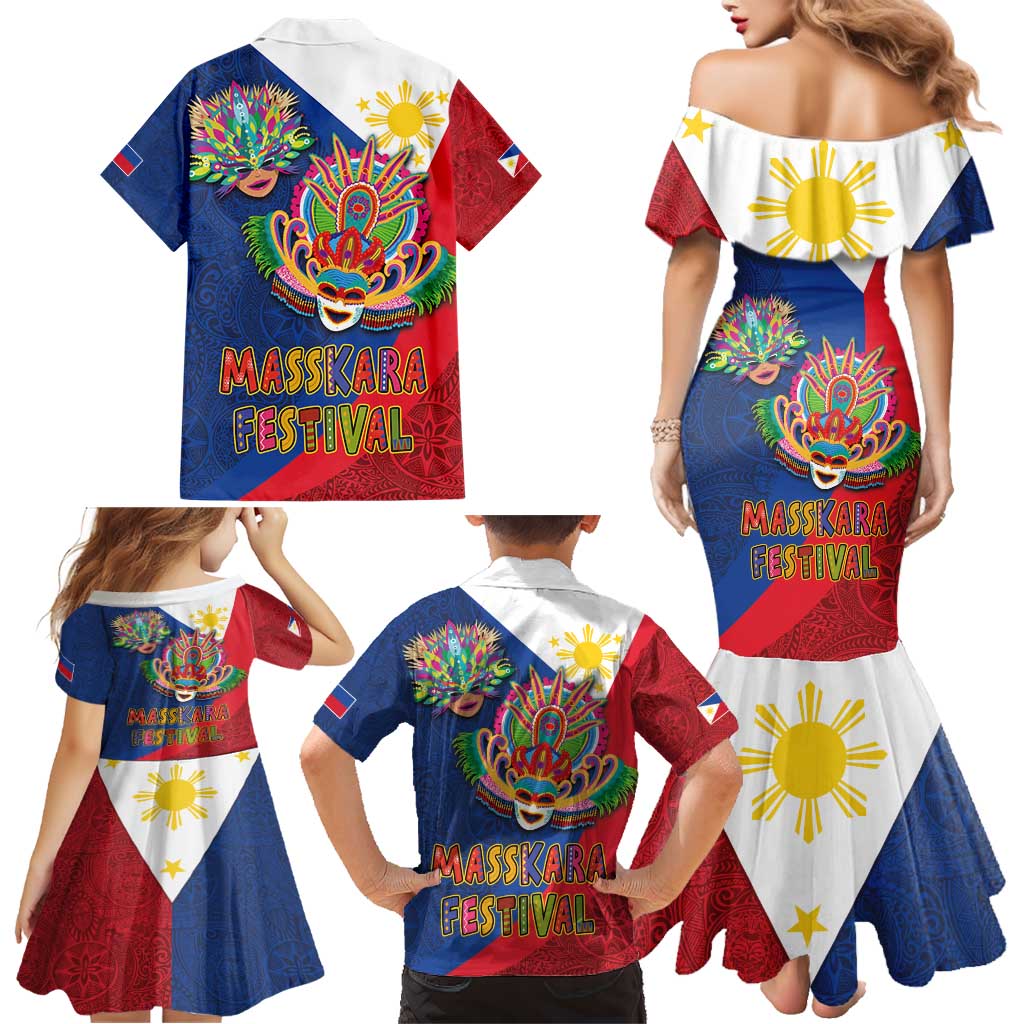 Philippines MassKara Family Matching Mermaid Dress and Hawaiian Shirt Filipino Carnival Mask and Polynesian Pattern LT03 - Polynesian Pride